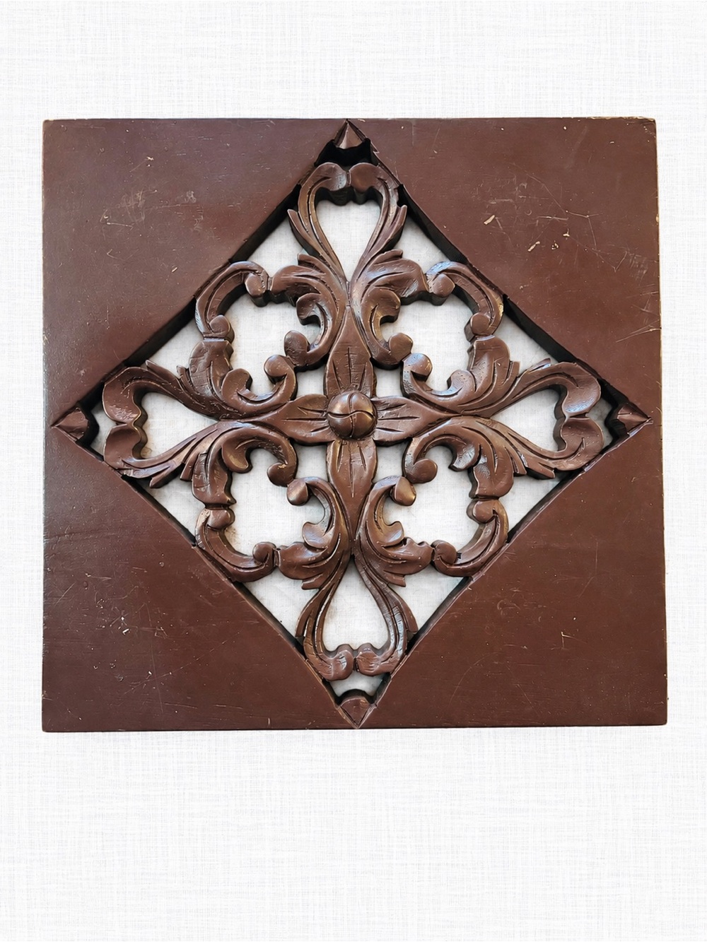 Vintage Carved Wood Floral Scroll Wall Plaque 11.5” Square Ornate Wall Decor